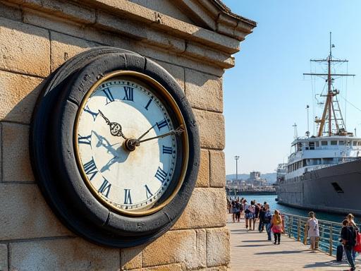 Gran reloj de mareas instalado en la pared de un edificio portuario