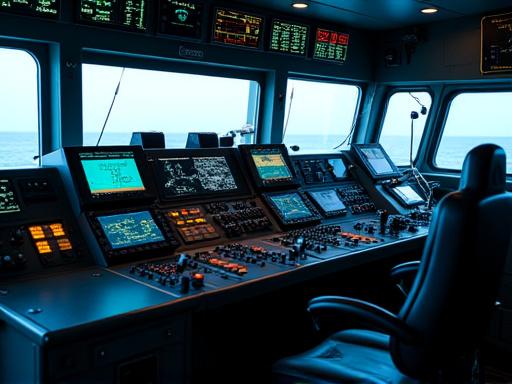 Puente de mando de un barco pesquero con múltiples pantallas mostrando la hora sincronizada