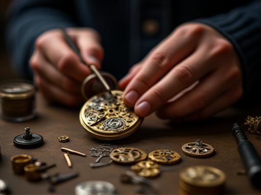 Relojero trabajando en un mecanismo antiguo con una lupa
